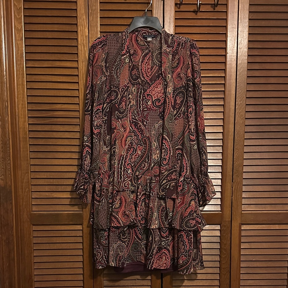 Tommy Hilfiger Red & Brown Paisley Long Sleeve Tie-Neck Ruffle Dress